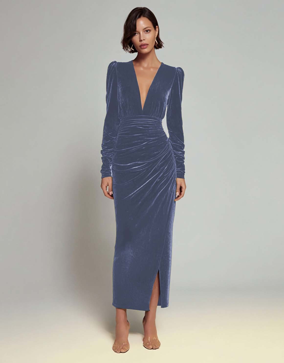 Olive Sheath Velvet Deep V-Neck Long Holiday Party Dress with Sleeves