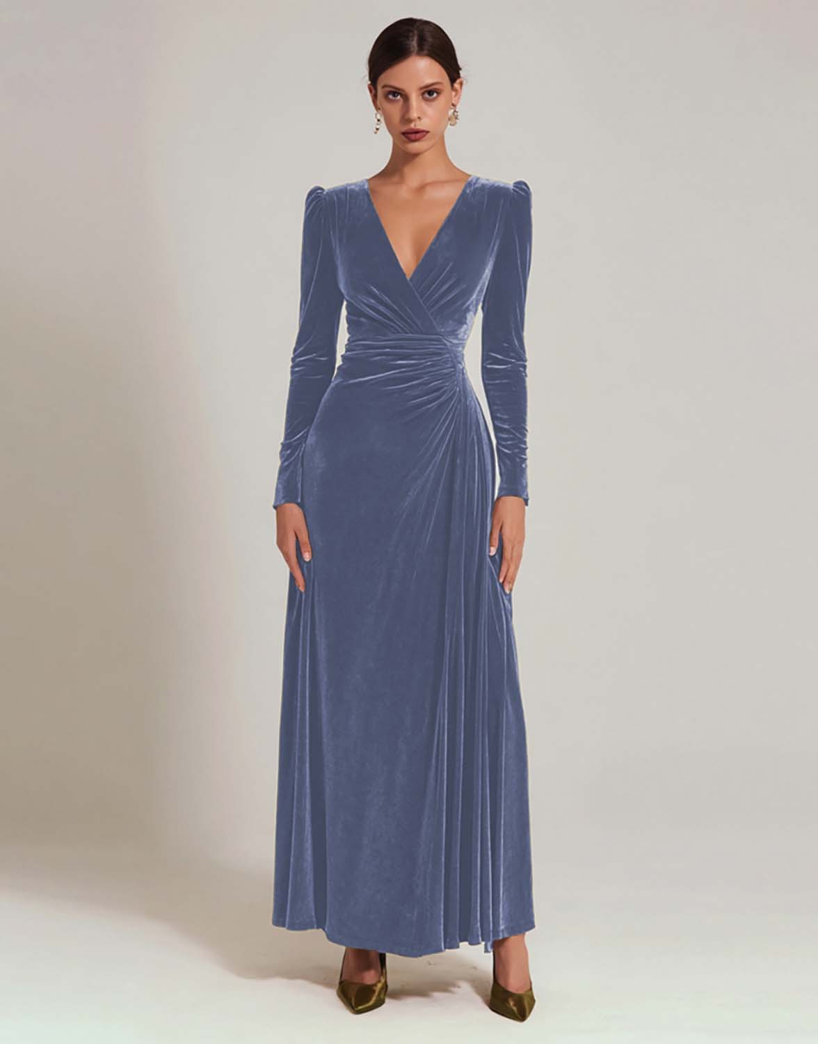 Zapakasa Women Olive Velvet Long Holiday Party Dress with Sleeves A Line V-Neck Evening Dress Zapakasa Women Olive Velvet Long Holiday Party Dress with Sleeves A Line V-Neck Evening Dress