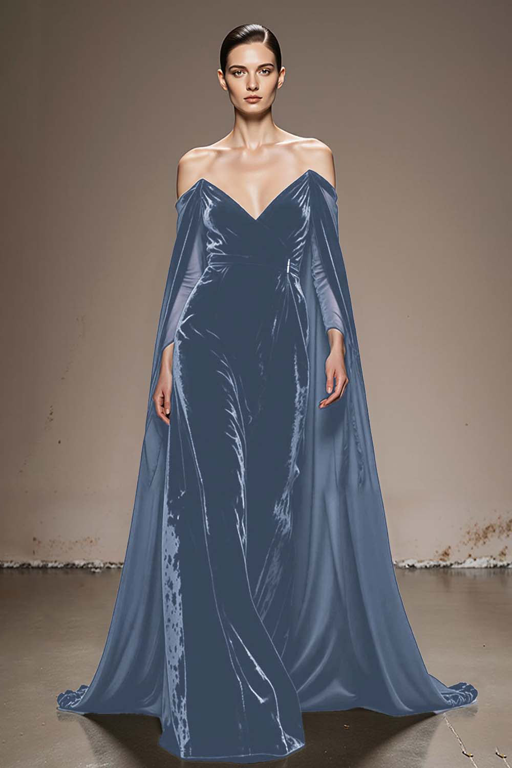 Black Off the Shoulder Velvet Long Formal Dress with Sleeves