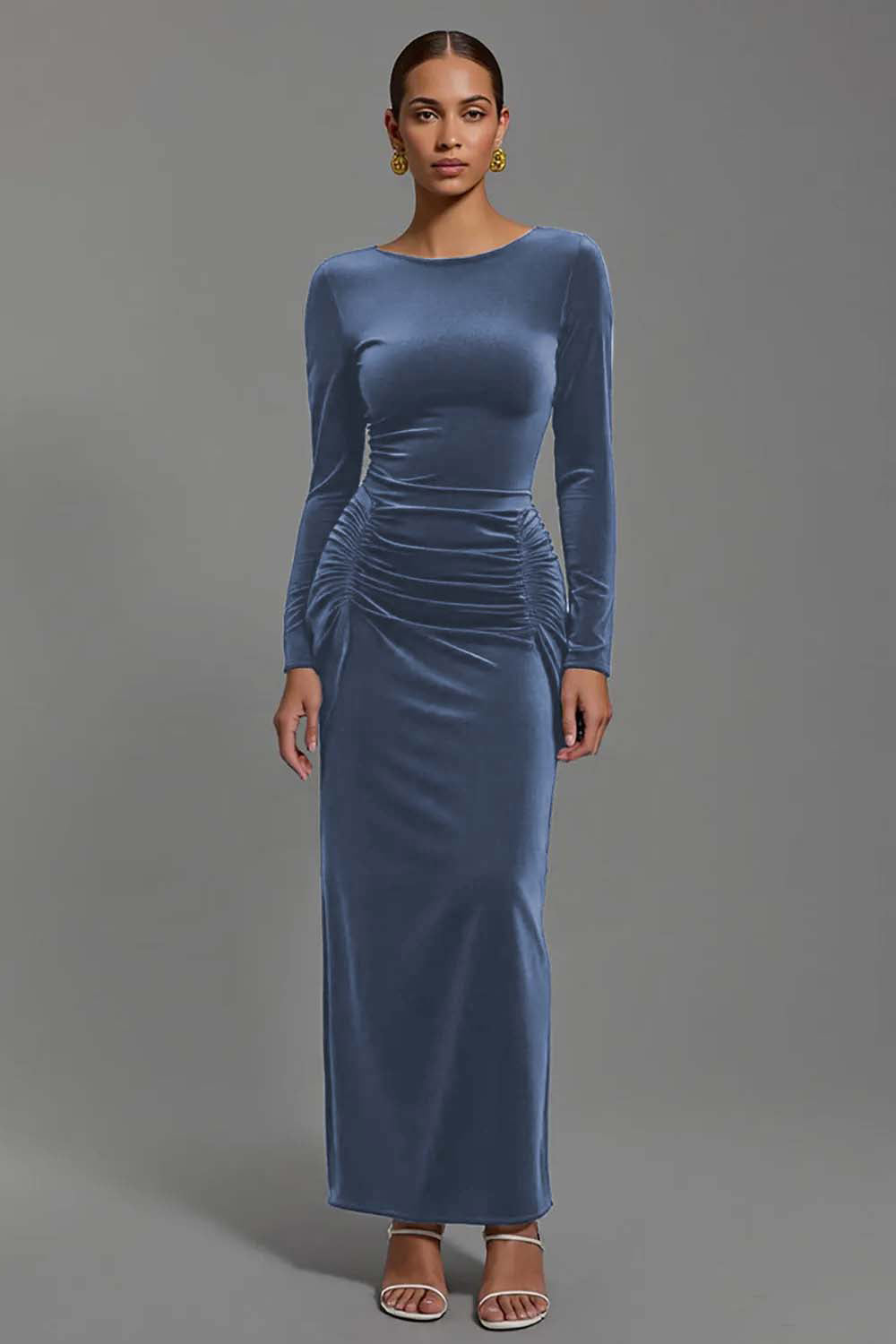 Navy Velvet Boat Neck Sheath Long Holiday Party Dress with Sleeves