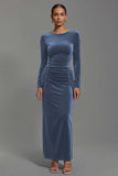 Navy Velvet Boat Neck Sheath Long Holiday Party Dress with Sleeves