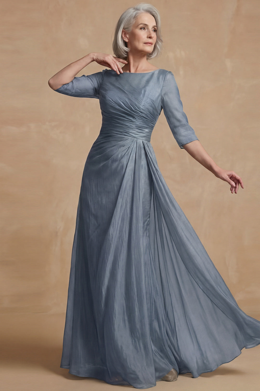 Dusty Sage Bateau Neck A Line Long Mother of the Bride Dress with Sleeves