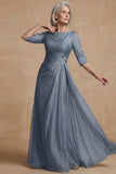 Dusty Sage Bateau Neck A Line Long Mother of the Bride Dress with Sleeves