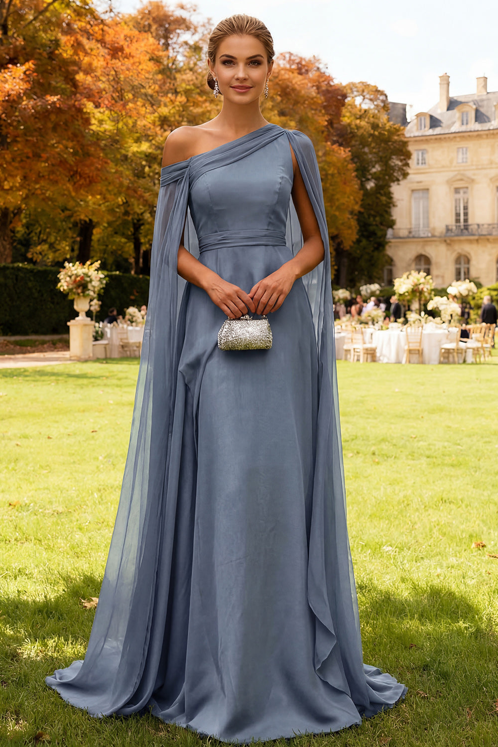 Dark Green One Shoulder Chiffon Long Wedding Guest Dress with Cape