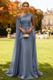 Dark Green One Shoulder Chiffon Long Wedding Guest Dress with Cape