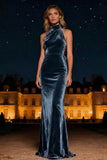 Purple Mermaid Halter Neck Long Velvet Holiday Party Dress