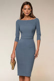 Navy Pencil Boat Neck Midi Work Dress with Sleeves
