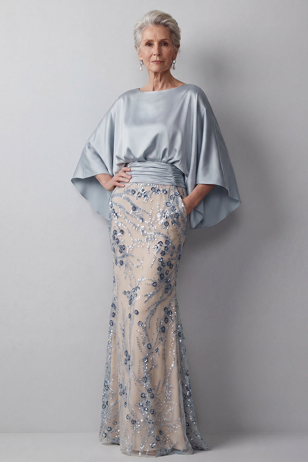 Floral Mermaid Sparkly Champagne Beaded Long Mother of the Bride Dress with Pockets
