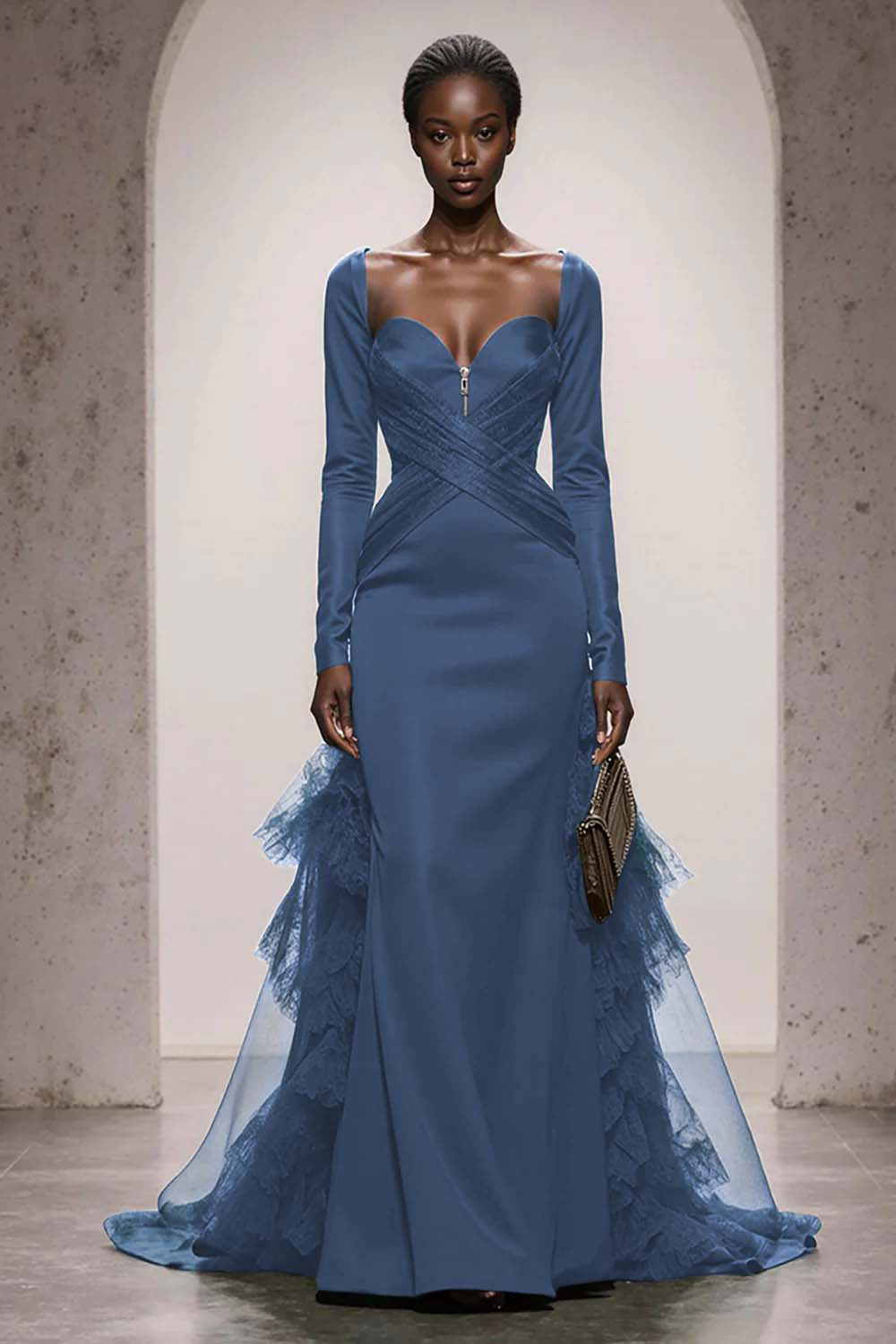 Dark Green Satin Mermaid Sweetheart Long Sleeves Formal Dress with Ruffles