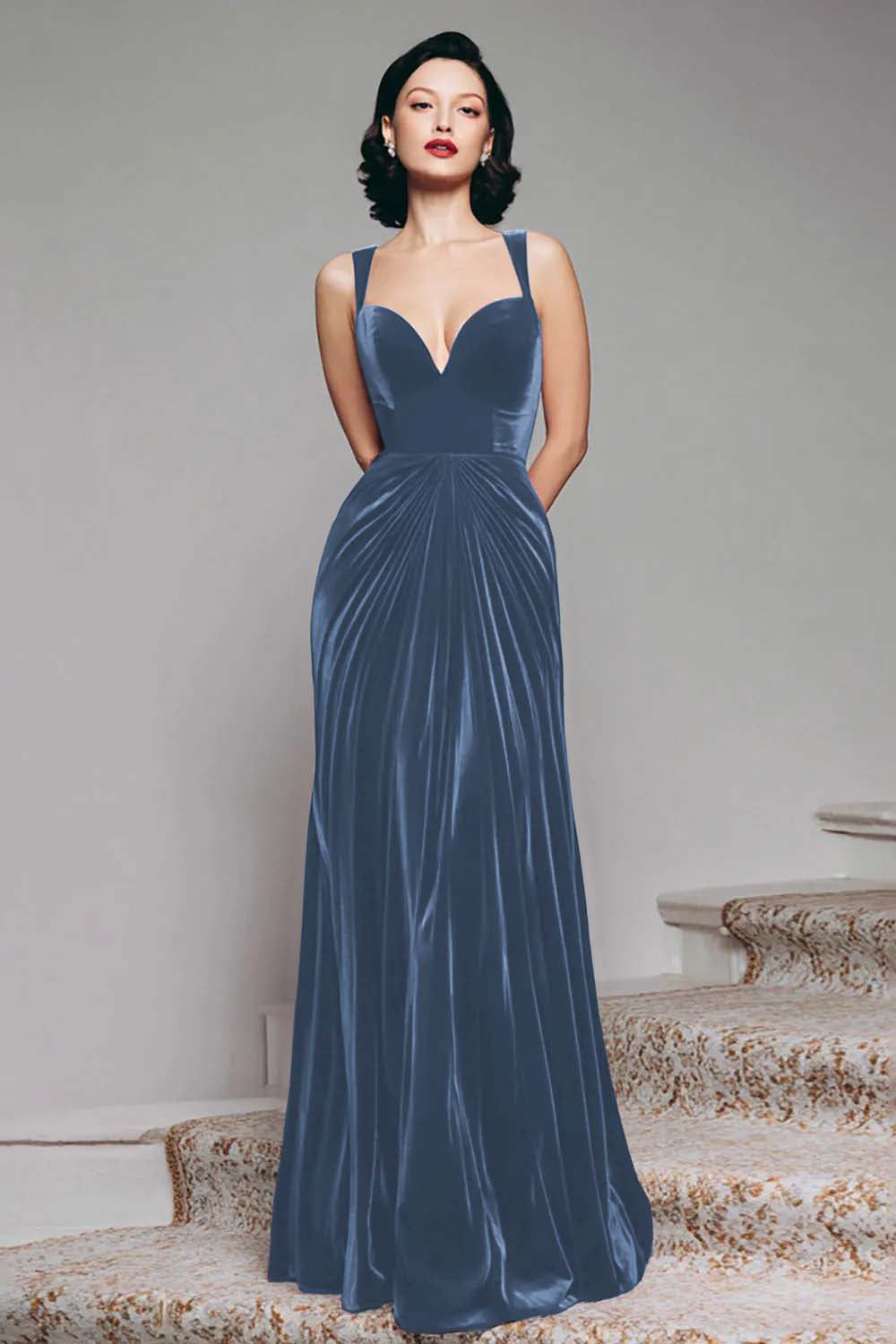 Burgundy Velvet Mermaid Thick Straps Ruched Long Holiday Party Dress