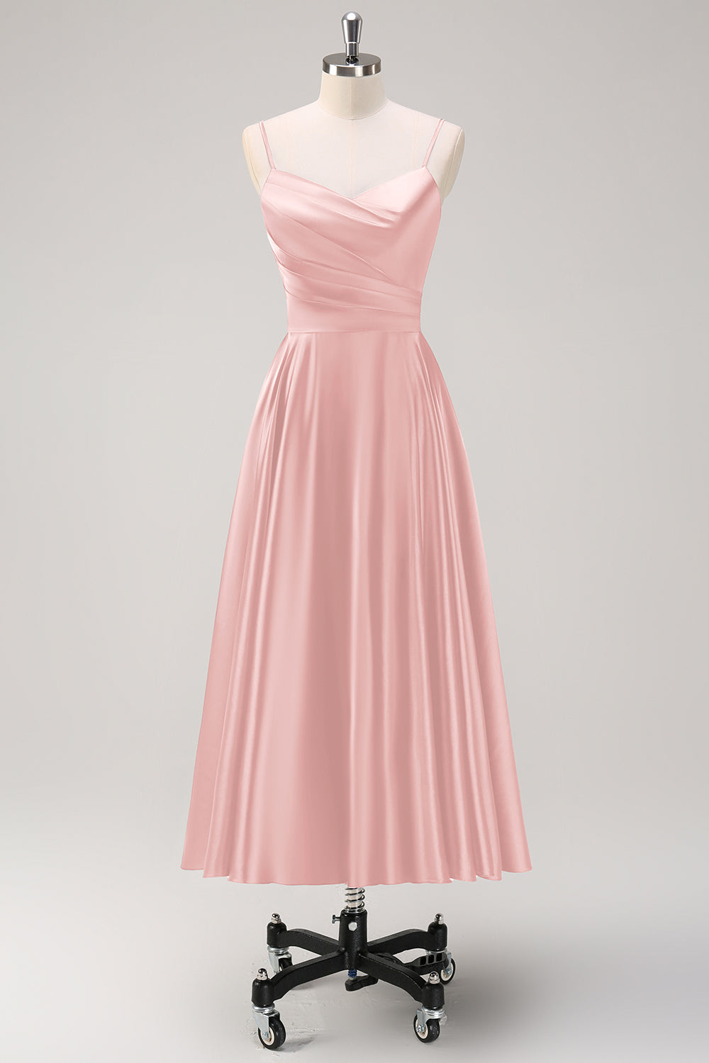 Navy A-Line Ruched Spaghetti Straps Tea Length Bridesmaid Dress