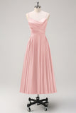 Navy A-Line Ruched Spaghetti Straps Tea Length Bridesmaid Dress