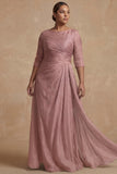 Dusty Sage Bateau Neck A Line Long Mother of the Bride Dress with Sleeves