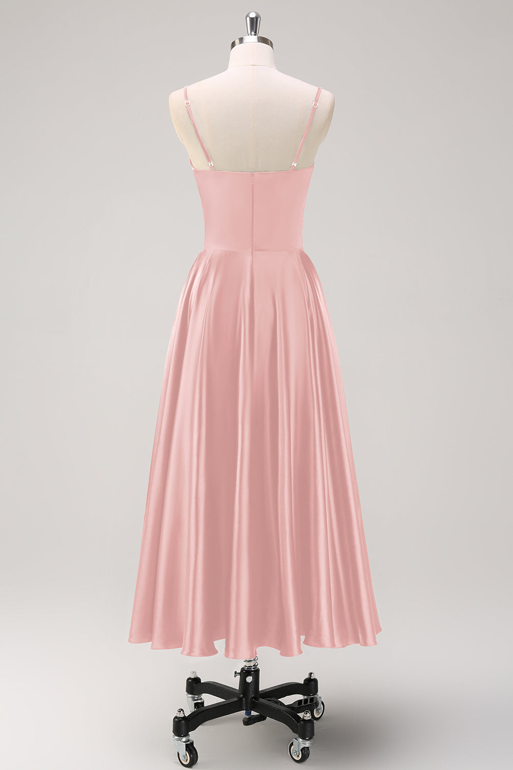 Navy A-Line Ruched Spaghetti Straps Tea Length Bridesmaid Dress