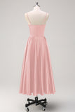 Navy A-Line Ruched Spaghetti Straps Tea Length Bridesmaid Dress
