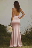 Mermaid Light Yellow Halter Long Satin Bridesmaid Dress