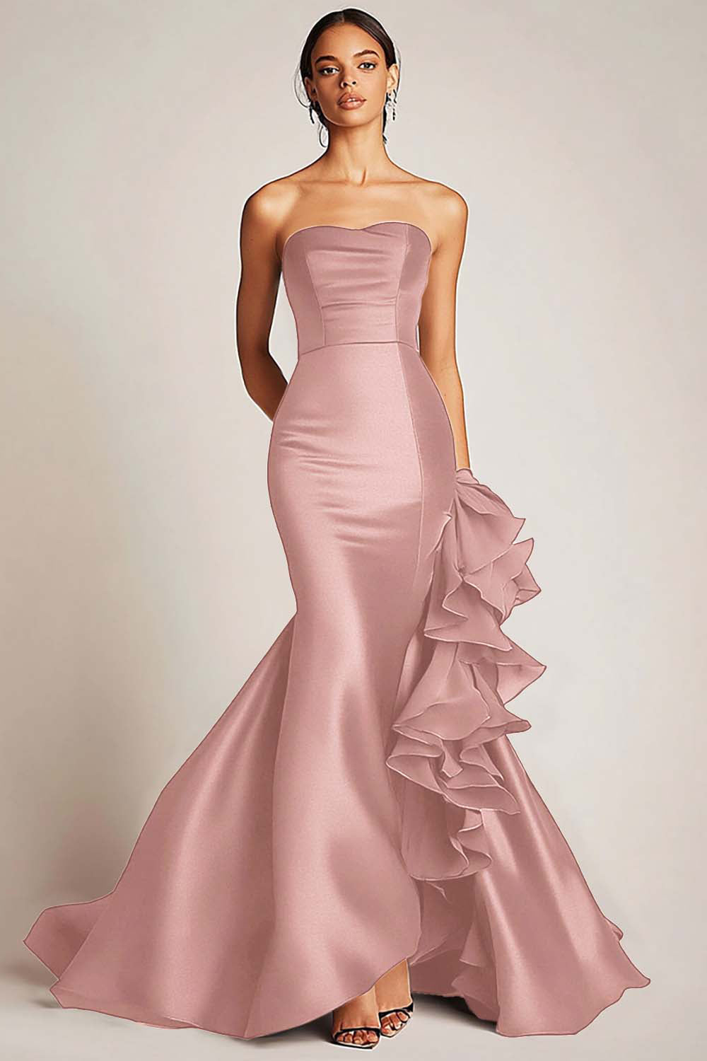 Satin Mermaid Long Strapless Formal Dress with Ruffles