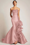 Satin Mermaid Long Strapless Formal Dress with Ruffles