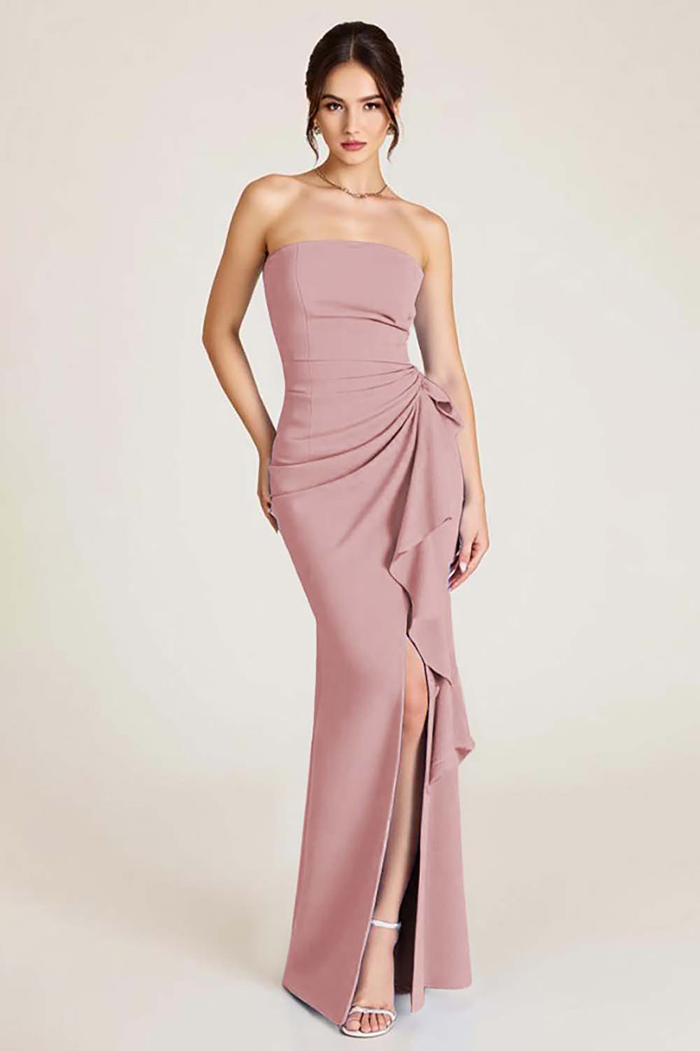 Dusty Sage Strapless Long Sheath Wedding Guest Dress with Slit