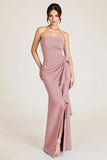 Dusty Sage Strapless Long Sheath Wedding Guest Dress with Slit