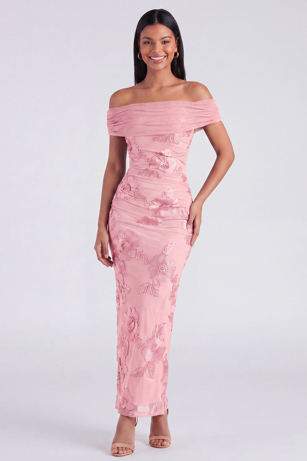 Off the Shoulder Blue Floral Maxi Mermaid Beach Wedding Guest Dress with Back Slit