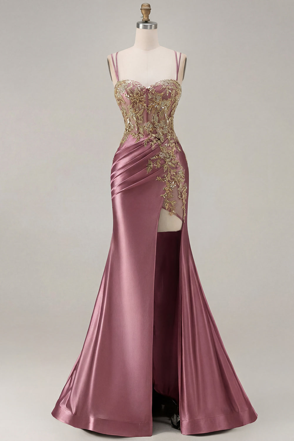 Sparkly Black Beaded Floral Satin Appliqued Long Corset Prom Dress with Slit