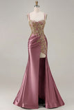 Sparkly Black Beaded Floral Satin Appliqued Long Corset Prom Dress with Slit