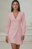 Ivory Pencil V-Neck Pleated Short Work Dress with Sleeves