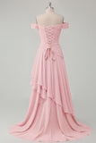 Ruched A Line Off the Shoulder Butter Yellow Ruffled Prom Dress with Slit