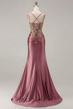 Sparkly Black Beaded Floral Satin Appliqued Long Corset Prom Dress with Slit