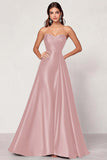 Satin Dark Green A Line Sweetheart Ruched Long Prom Dress