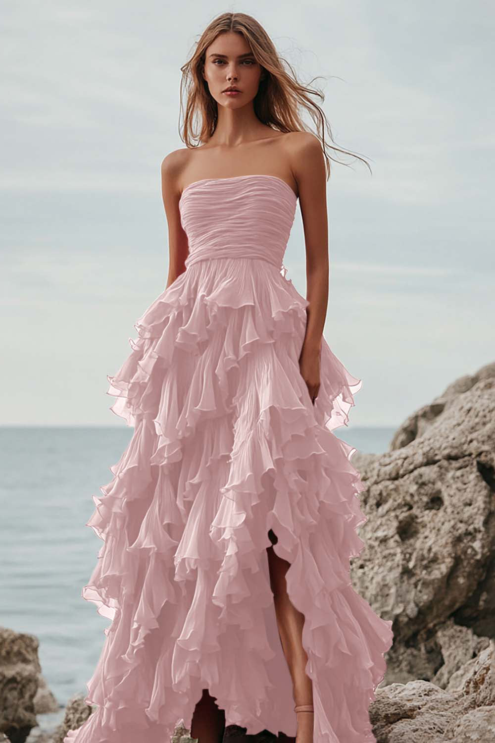 Fuchsia Tulle A Line Tiered Long Formal Dress with Ruffles