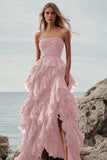 Fuchsia Tulle A Line Tiered Long Formal Dress with Ruffles