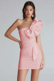 Ivory Satin One Shoulder Short Tight Graduation Dress with Ruffles