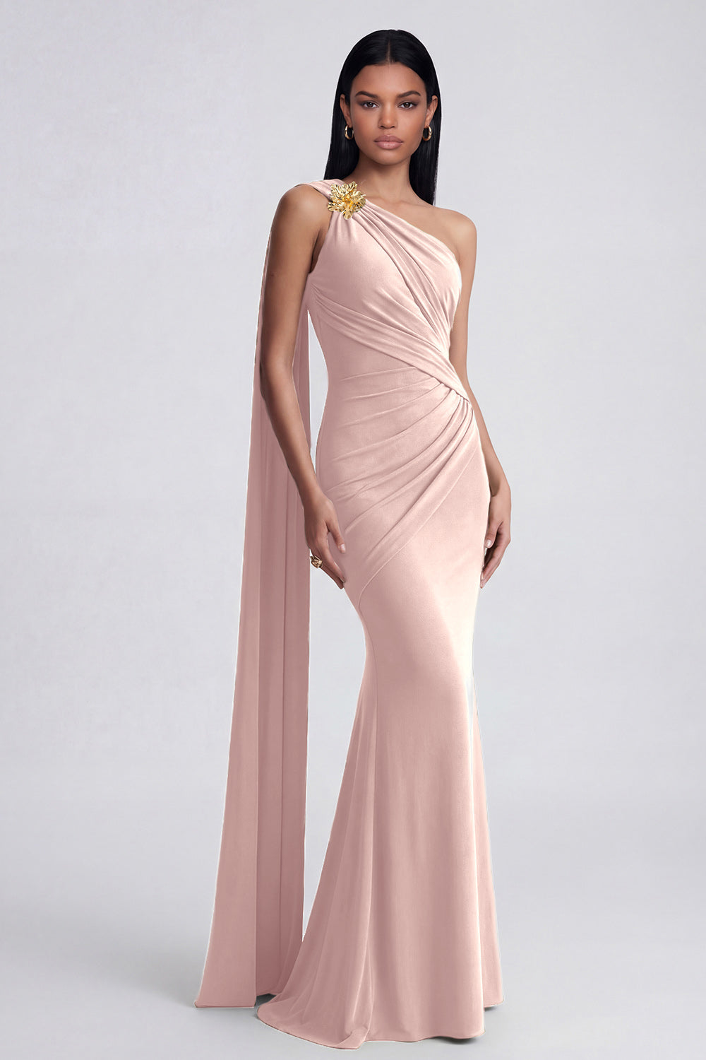 Olive Floral One Shoulder Ruched Long Mermaid Formal Dress with Side Cape