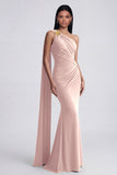 Olive Floral One Shoulder Ruched Long Mermaid Formal Dress with Side Cape