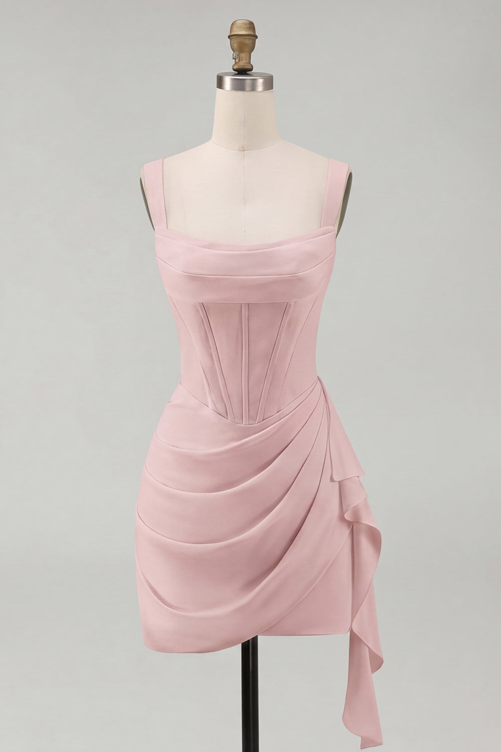 Ivory Ruched Thick Straps Short Corset Graduation Dress with Ruffles