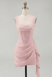 Ivory Ruched Thick Straps Short Corset Graduation Dress with Ruffles