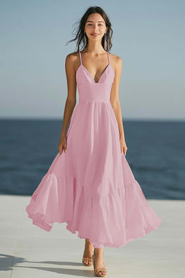 Zapaka Women Ivory Maxi Rehearsal Dinner Dress Spaghetti Straps A Line Engagement Dress, Dusty Rose / UK16