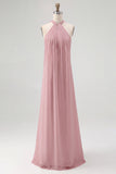 Chiffon White A Line Halter Long Rehearsal Dinner Dress