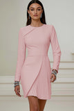 Ivory Pencil Pleated Round Neck Short Work Dress with Sleeves