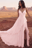 Ivory A Line Sweep Train Ruffled V-Neck Ruched Beach Wedding Dress with Slit