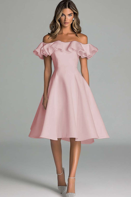 Dusty Blue A Line Satin Off the Shoulder Short Graduation Dress with Ruffles
