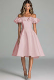 Dusty Blue A Line Satin Off the Shoulder Short Graduation Dress with Ruffles
