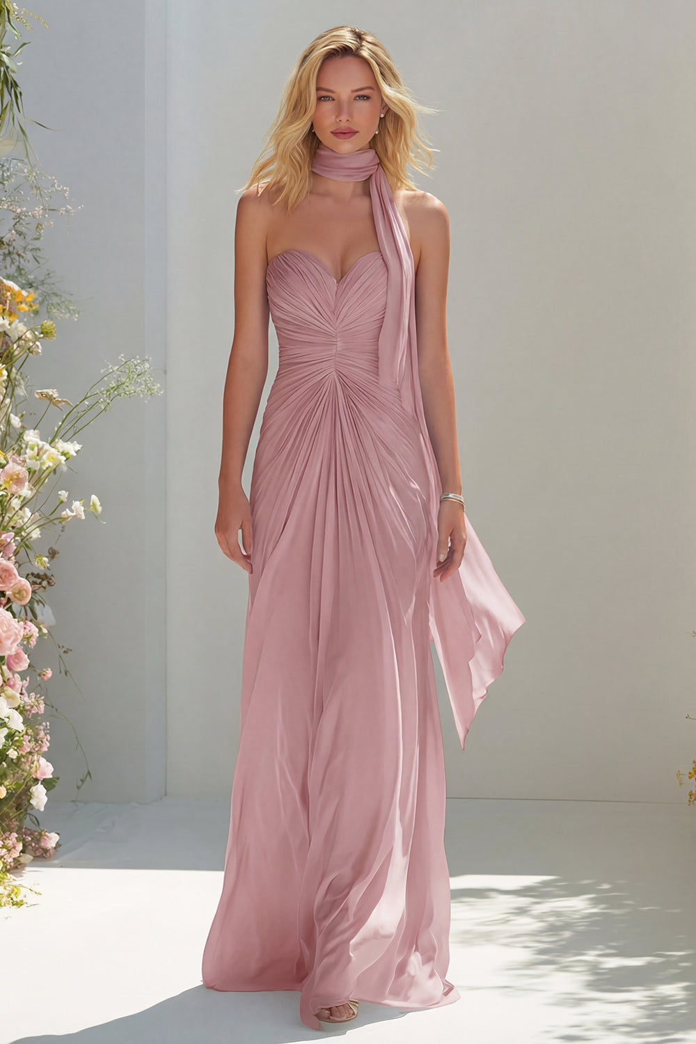 Sky Blue A Line Sweetheart Ruched Neck Scarf Long Prom Dress