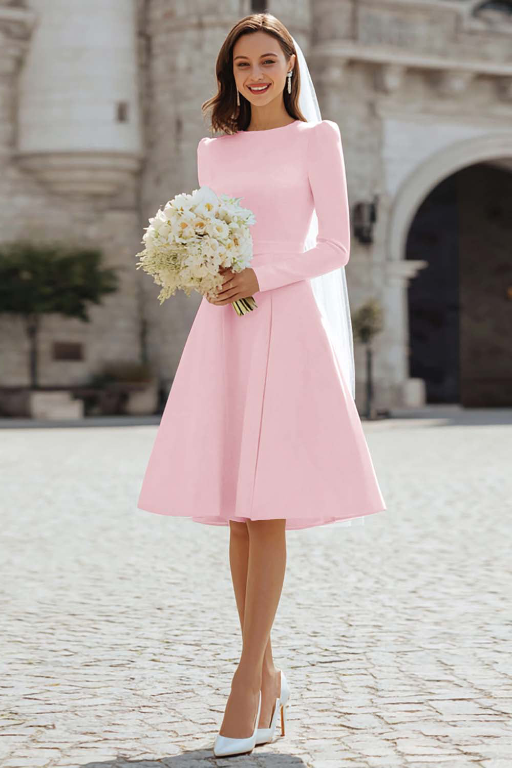 Ivory Satin Short A Line Wedding Dress with Sleeves