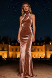 Purple Mermaid Halter Neck Long Velvet Holiday Party Dress