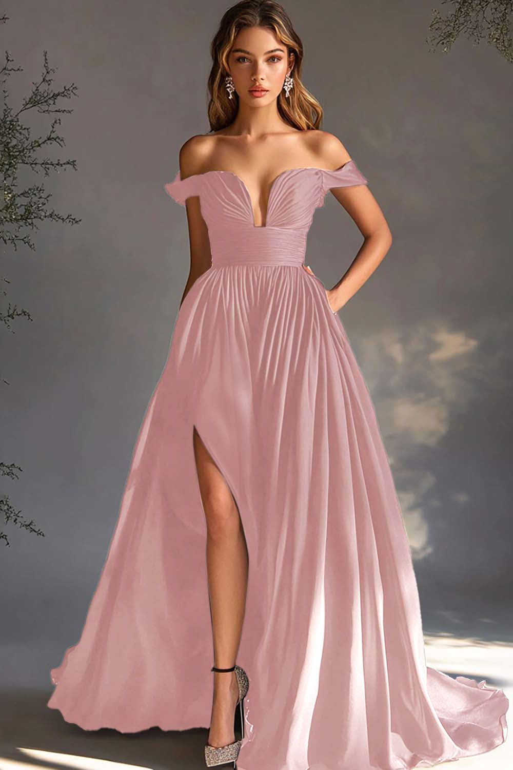 A Line Chiffon Pleated Long Off the Shoulder Formal Dress with Slit