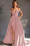 A Line Chiffon Pleated Long Off the Shoulder Formal Dress with Slit