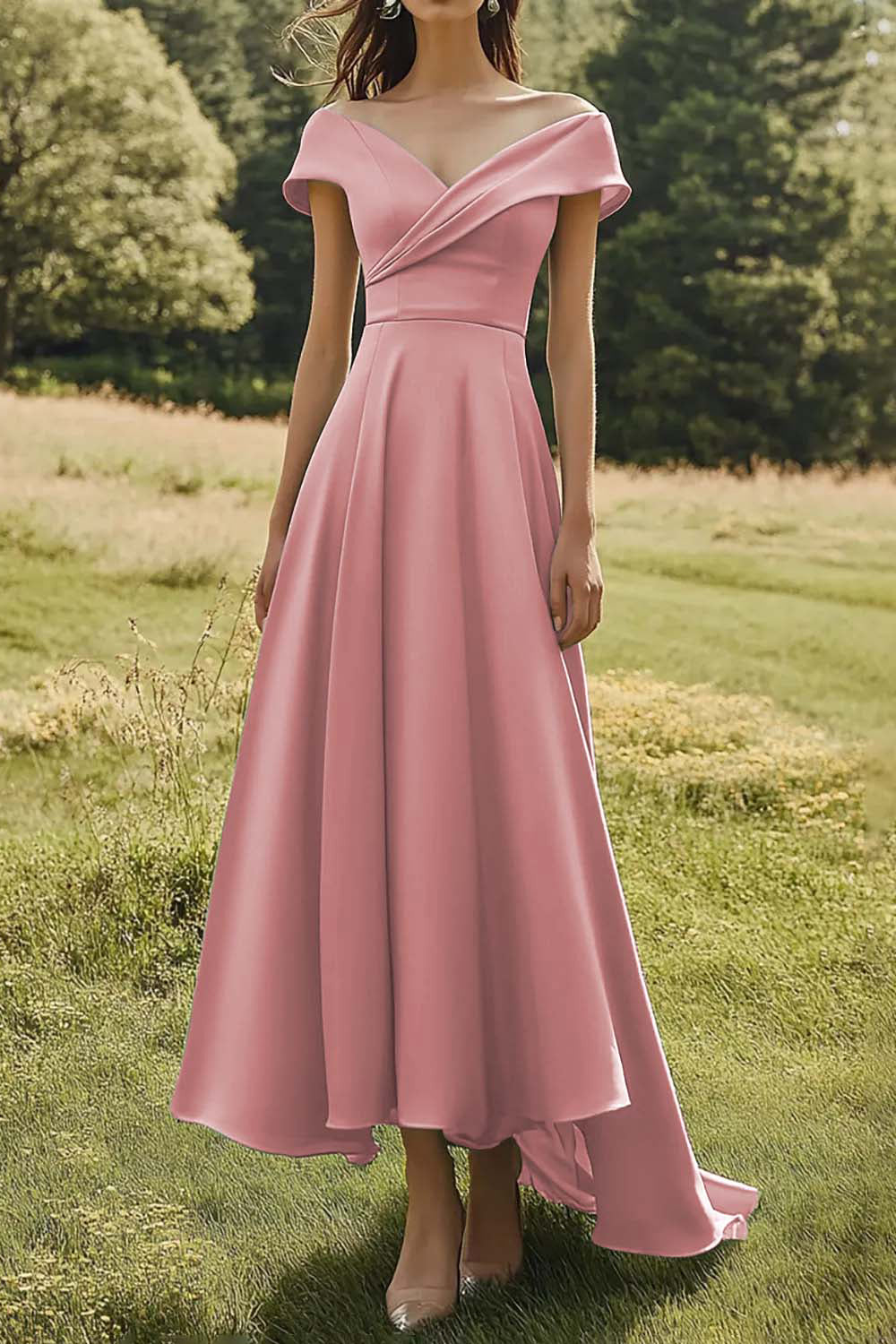 Sage Off The Shoulder Slim Formal Dress with Wide Hem